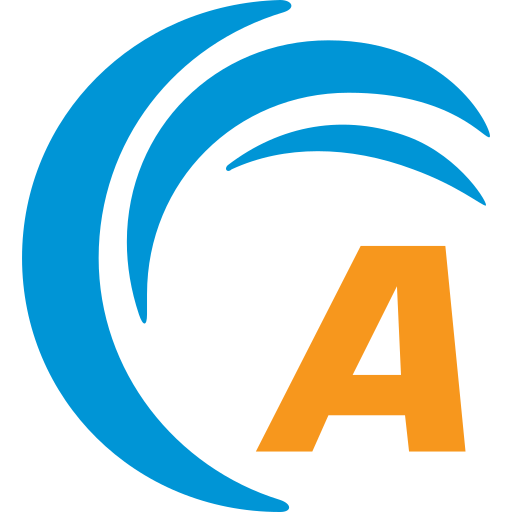 A stylized blue wave graphic partially surrounding an orange letter A.