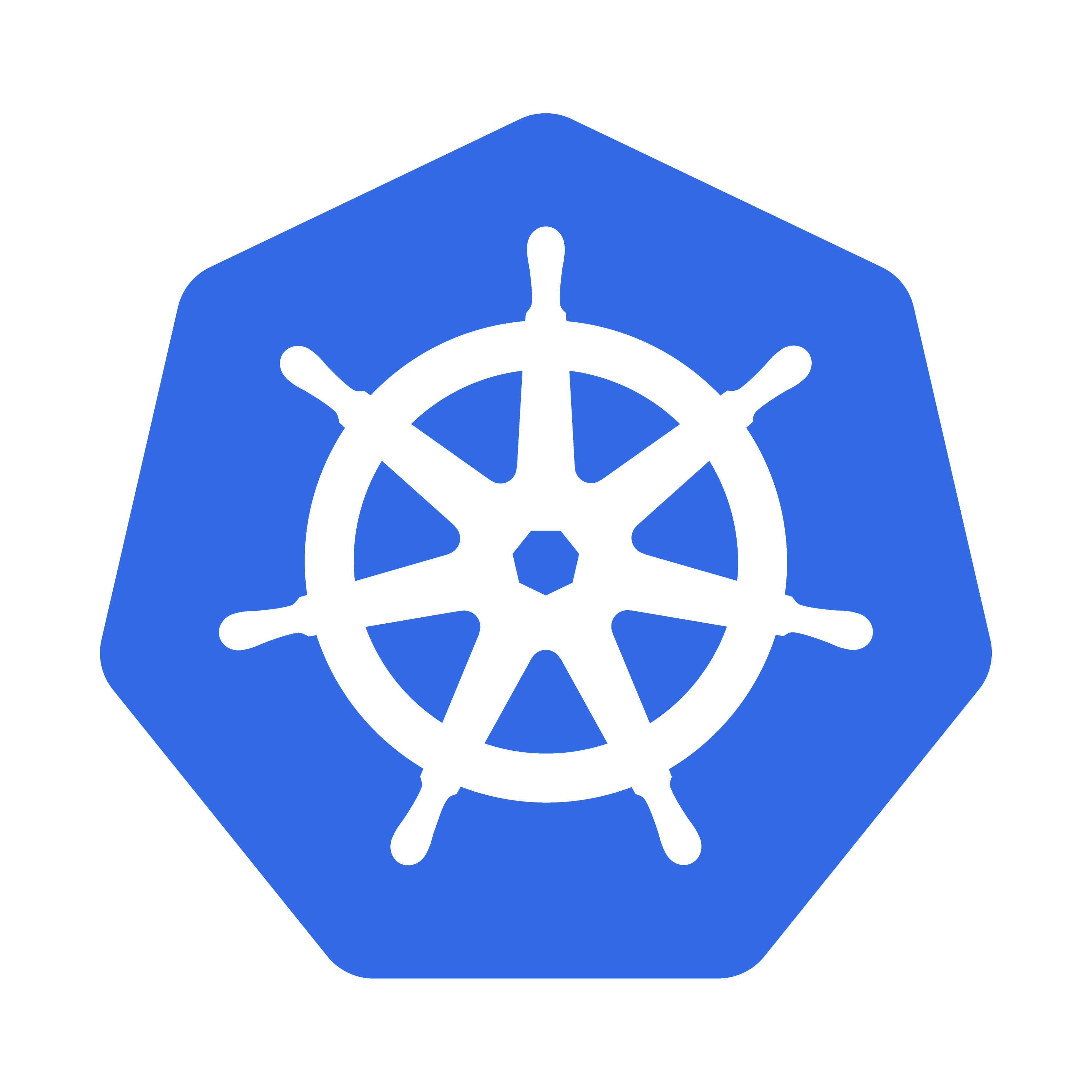 White ship wheel inside a blue hexagon, symbolizing Kubernetes.