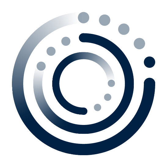 Abstract circular design with multiple thick and dotted navy blue concentric arcs.