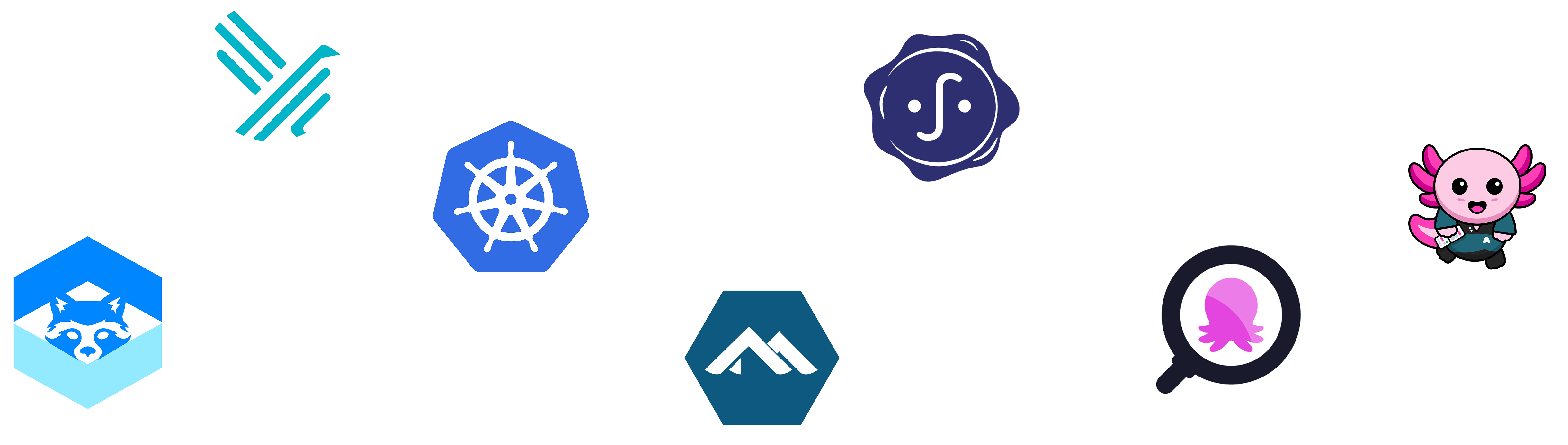 Collection of seven hexagon and circular tech-related logos scattered on a black background including Kubernetes, Flux, Argo, and others.