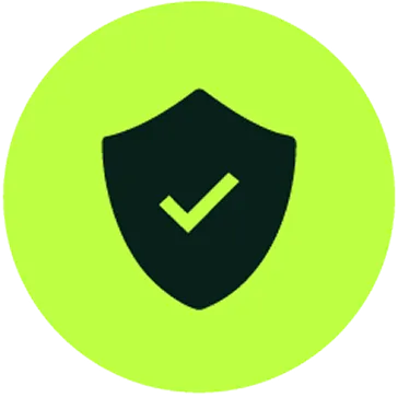 Black shield with a green checkmark inside on a lime green circular background.