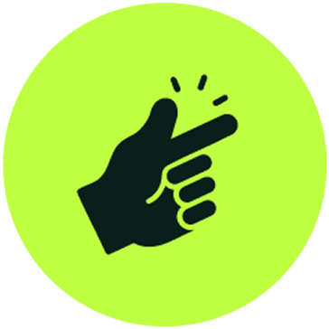 Black hand icon snapping fingers on a bright lime green circular background.