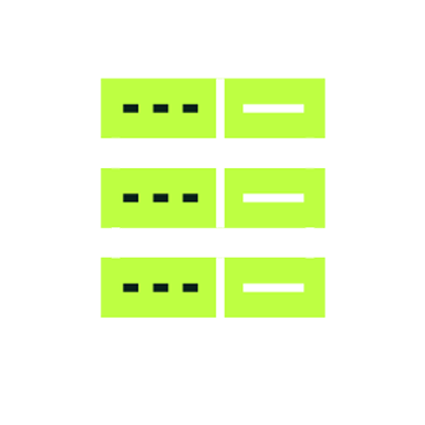 Icon of three stacked horizontal server units with neon green and black colors inside a white outlined square.