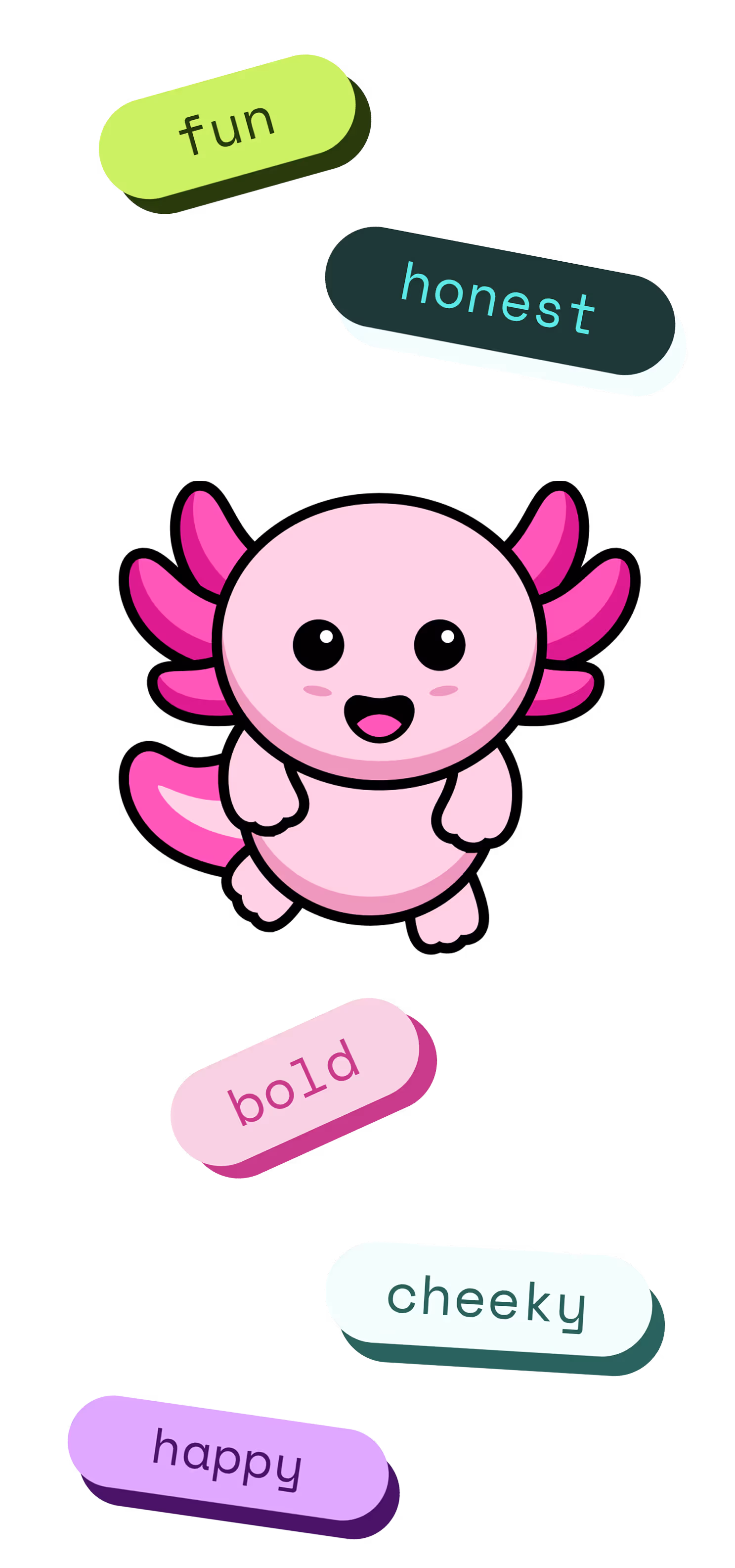 Cute pink axolotl cartoon with words fun, honest, bold, cheeky, and happy floating around it.