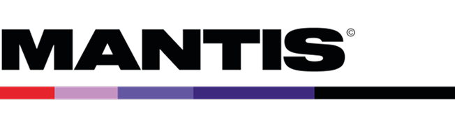 MANTIS brand logo with a horizontal gradient bar from red to purple beneath the text.