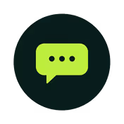 Green speech bubble with three black dots on dark circular background.