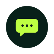 Green speech bubble with three black dots on dark circular background.