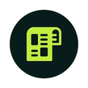 Green icon of two overlapping documents with text lines on a dark circular background.