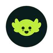 Bright green stylized cute animal face with round eyes and smiling mouth on dark circular background.