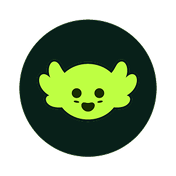 Bright green stylized cute animal face with round eyes and smiling mouth on dark circular background.