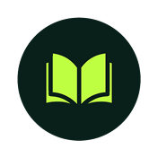 Icon of an open book with bright green pages on a dark circular background.