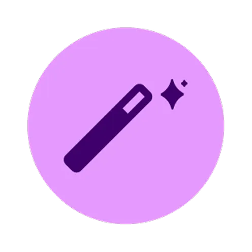 Purple magic wand icon with sparkles inside a lavender circle.