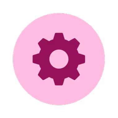 Purple gear icon inside a pink circle background.