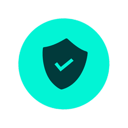 Shield icon with a check mark inside, symbolizing security and protection, on a bright teal circular background.