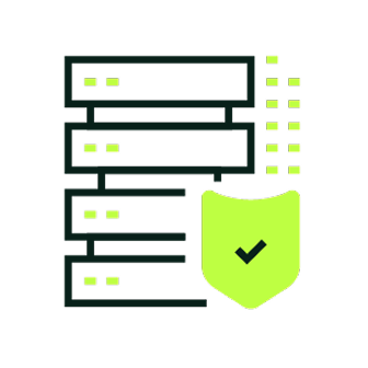 Icon representing secure data storage with a server stack and a shield with a checkmark.