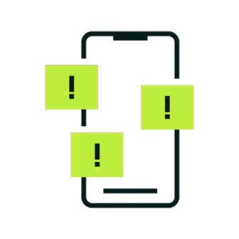 Smartphone outline with three green square icons containing exclamation marks positioned around it.