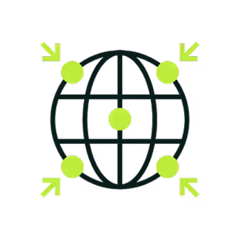 Globe icon with green dots at the center and four corners, each with an arrow pointing inward.
