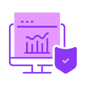 Purple computer monitor displaying a graph with a shield and checkmark symbolizing secure data.