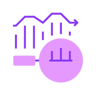 Purple line graph with bars and magnifying glass focusing on a section of the bars.