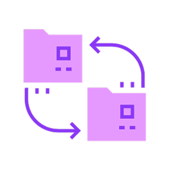 Two purple folders with arrows indicating data synchronization between them.