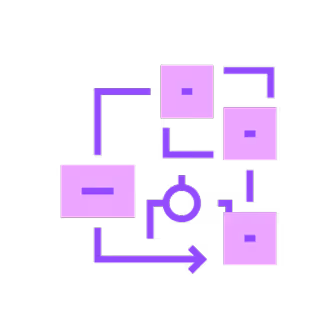 Purple flowchart icon with interconnected squares, lines, and an arrow on a black background.