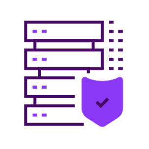 Illustration of a server rack with a shield and checkmark, symbolizing data security.