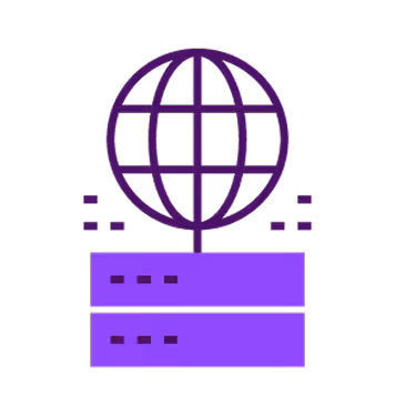 Purple globe icon above two stacked purple server racks representing global server hosting or internet data storage.
