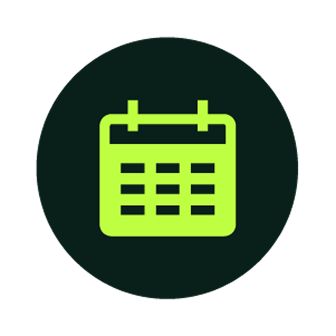 Green calendar icon with grid and two tabs on top inside a black circular background.