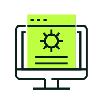 Computer monitor displaying a bright green document with a sun icon and text lines.