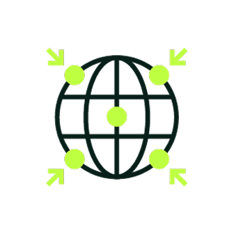 Globe with green dots connected by arrows pointing inward from the four corners.