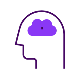 Outline of a human head with a cloud icon inside representing cloud computing or cloud-based thinking.