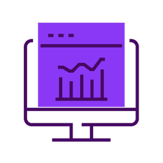 Computer monitor displaying a web page with a rising line graph and bar chart.