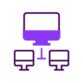 Purple icon depicting a network connection from one computer to two others below.