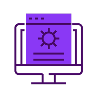 Purple computer monitor displaying a webpage with a sun icon and text lines.