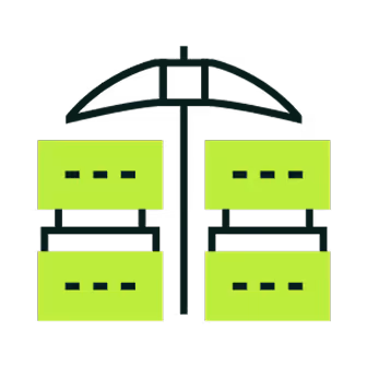 Icon of an umbrella shielding four rectangular blocks arranged in two rows.