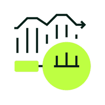 Icon showing a line graph with an upward trend and vertical bars, with a highlighted circle containing three vertical bars.