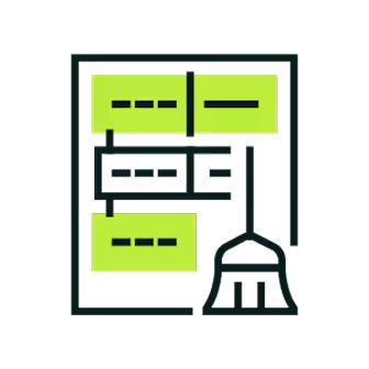 Icon of a web page with code snippets and a broom symbolizing website cleaning or optimization.