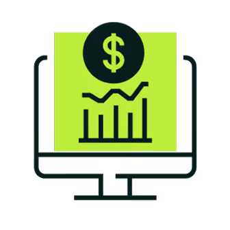 Computer monitor displaying a financial chart with a dollar symbol above it.