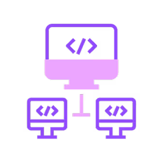 Purple computer network icon with a large monitor connected to two smaller monitors, each displaying code brackets.