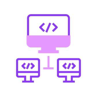 Purple computer network icon with a large monitor connected to two smaller monitors, each displaying code brackets.