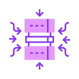 Icon depicting data compression with stacked blocks and arrows pointing inward.