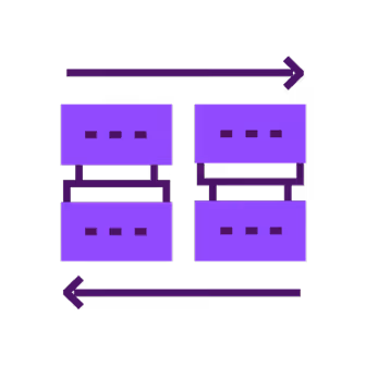 Purple flowchart with four rectangles connected by lines and bidirectional arrows above and below.