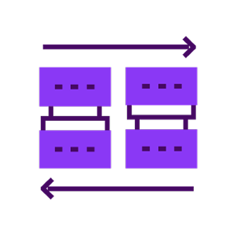 Purple flowchart with four rectangles connected by lines and bidirectional arrows above and below.