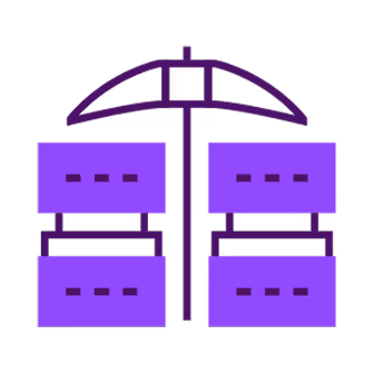 Purple icon of a beach umbrella with four lounge chairs underneath.