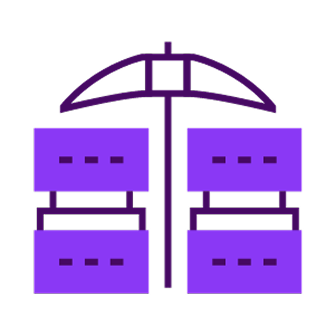 Purple icon of a beach umbrella with four lounge chairs underneath.