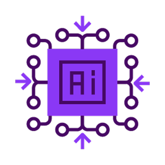 Purple AI chip icon with circuit lines and arrows pointing inward, symbolizing artificial intelligence integration.