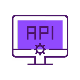 Purple computer monitor icon displaying the text API with a small gear symbol below the screen.