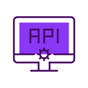 Purple computer monitor icon displaying the text API with a small gear symbol below the screen.