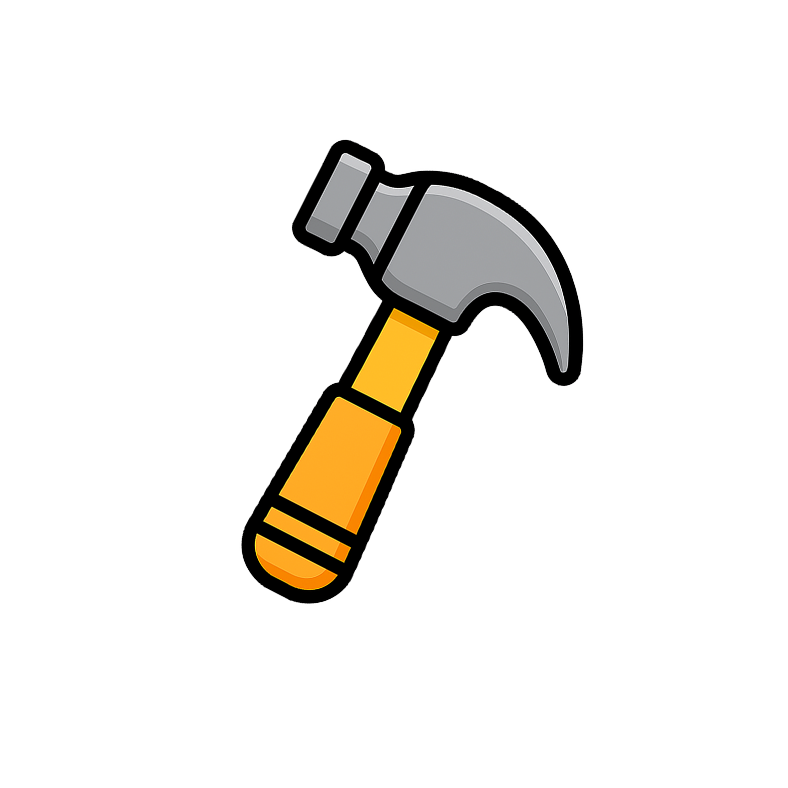 Cartoon-style claw hammer with a gray metal head and an orange handle.