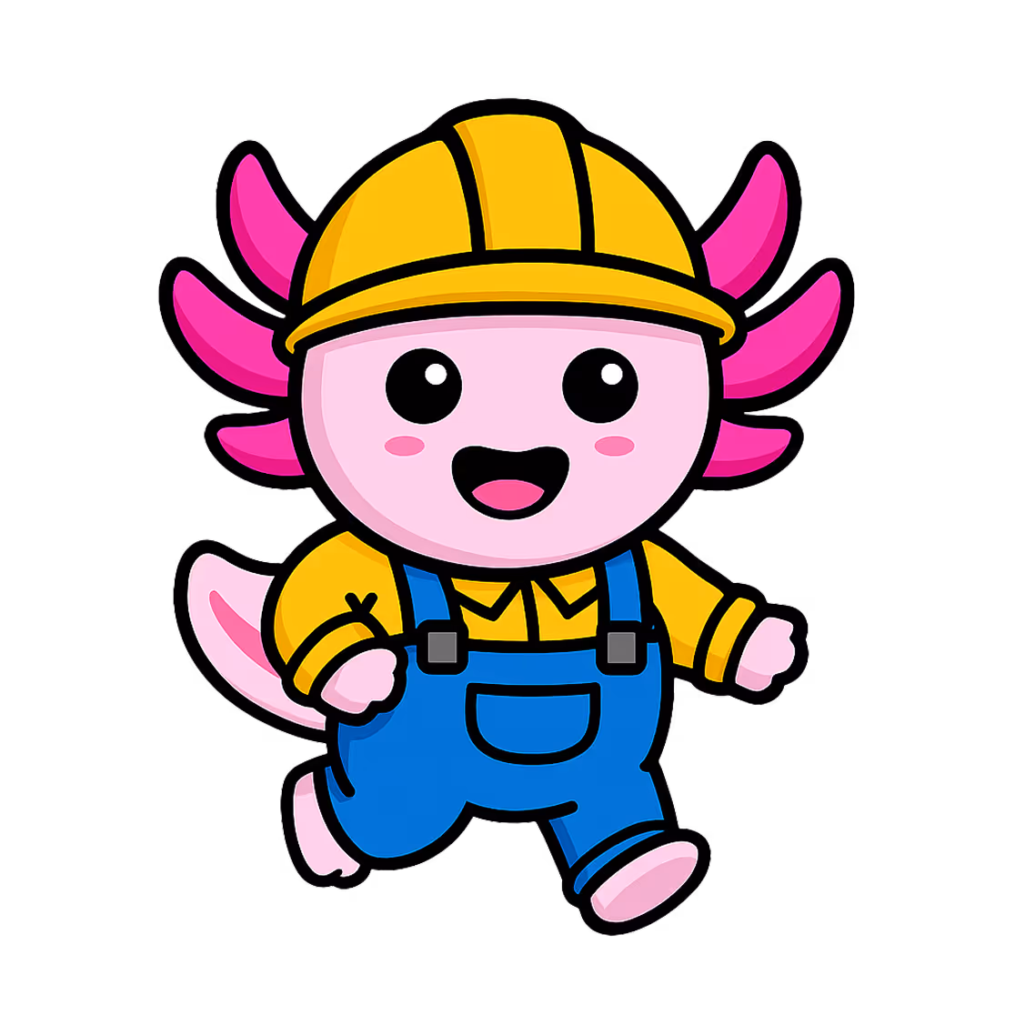 Cartoon pink axolotl wearing a yellow construction helmet, yellow shirt, and blue overalls walking happily.